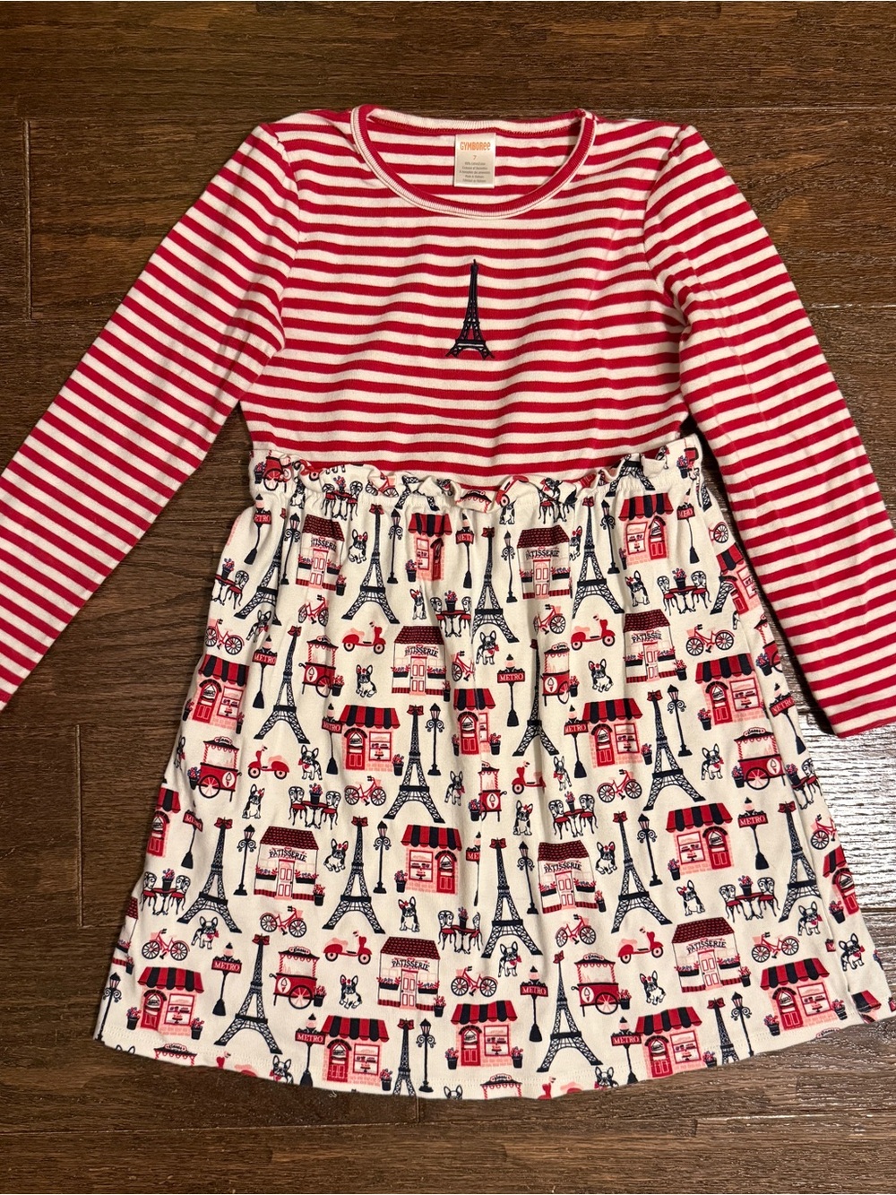 Girls' Red & White Paris Stripe Dress with Eiffel Tower Print